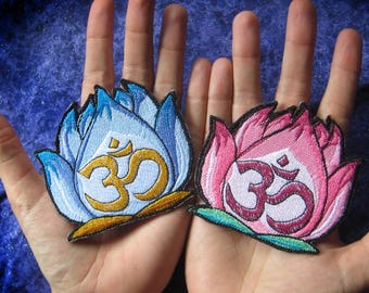 Lovely Peaceful Zen OM Lotus Flower Blue or Pink Iron on Patch