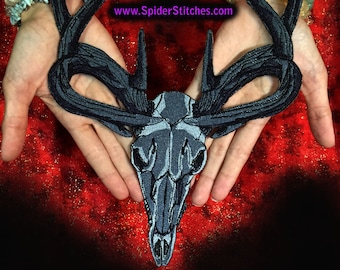 HUGE Black  Wicked Deer Stag Skull Patch Iron on Patch or Sew on Pagan Punk Gothic Goth Patch hunt hunting
