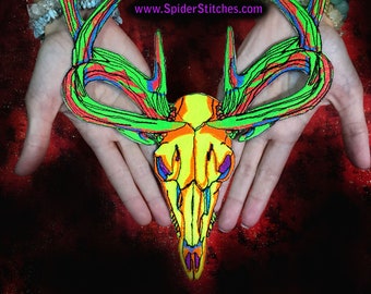 HUGE NEON  Wicked Deer Stag Skull Patch Iron on Patch or Sew on Pagan Punk Gothic Goth Patch hunt hunting
