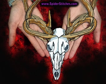HUGE Tan Antlers Wicked Deer Stag Skull Patch Iron on Patch or Sew on Pagan Punk Gothic Goth Patch hunt hunting