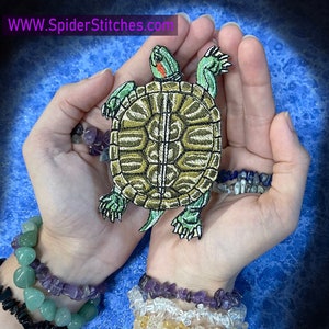 Swimming Red-Eared Red Eared Slider Terrapin Turtle Iron on Patch pond turtle