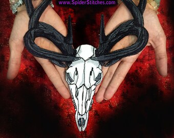 HUGE Black  Antlers Wicked Deer Stag Skull Patch Iron on Patch or Sew on Pagan Punk Gothic Goth Patch hunt hunting