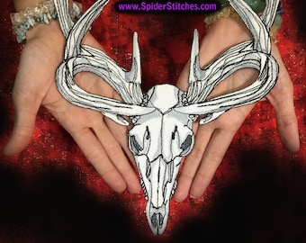 HUGE White Antlers Wicked Deer Stag Skull Patch Iron on Patch or Sew on Pagan Punk Gothic Goth Patch hunt hunting