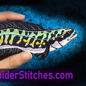 May include: A black, green, and yellow embroidered patch of a fish with a white belly. The fish is in a swimming position with its mouth open. The patch is held in a hand.