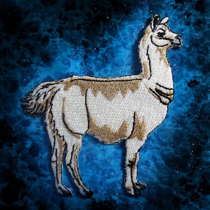 May include: A white and brown embroidered llama patch with a blue background. The llama is standing on all four legs and has a brown head and neck.