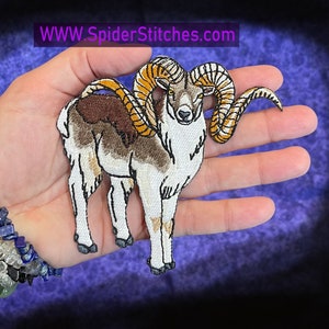 Può includere: Toppa ricamata raffigurante un ariete con grandi corna ricurve. La toppa presenta un design dettagliato con colori marrone, bianco e beige. Il testo "WWW.SpiderStitches.com" è visibile in alto. Adatta per abbigliamento o accessori.