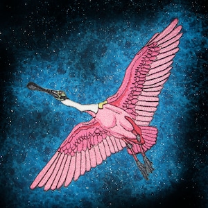 Roseate Spoon Bill in volo Bird Iron On Patch spatola