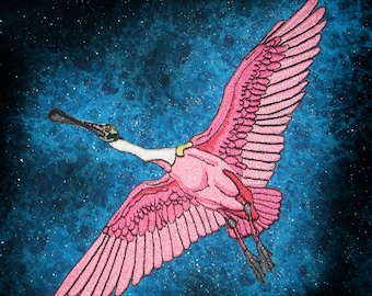 Roseate Spoon Bill in flight Bird Iron On Patch spoonbill
