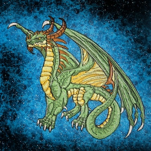 May include: Green dragon with yellow and brown accents, embroidered on a blue background with a starry pattern.
