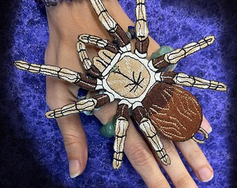 May include: A brown and white embroidered spider patch with a black and white striped pattern on the abdomen. The patch is on a person's hand, with a blue background.