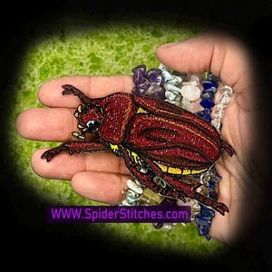 May include: A dark red embroidered beetle patch with yellow accents and black outlines. The patch is layered over a collection of multi-colored tumbled gemstone chips. The text WWW.SpiderStitches.com is printed in purple at the bottom.