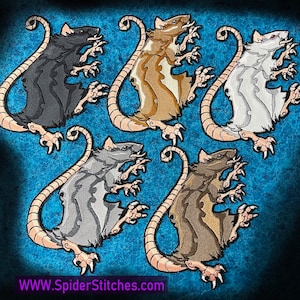 May include: Five embroidered rat patches in different colors, including black, brown, gray, and white. The patches are all in a similar style, with the rats depicted in a stylized, almost heraldic pose. The patches are all about 4 inches in diameter.