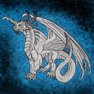 May include: A silver embroidered dragon with a blue and white starry background. The dragon has a long tail, large wings, and a fierce expression.