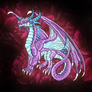 May include: Purple and blue embroidered dragon with wings and a curled tail. The dragon is on a dark red background with a floral pattern.