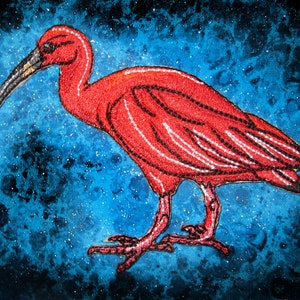 Puede incluir: Un ibis rojo con un pico largo y curvo se representa sobre un fondo azul y negro moteado. Las plumas del ave están detalladas con costuras negras, y sus patas están extendidas.