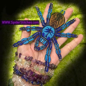 May include: A blue and black embroidered spider patch with white accents. The spider has a detailed design and is held in a hand. The text "WWW.SpiderStitches.com" is visible in the image. The patch is a unique accessory.