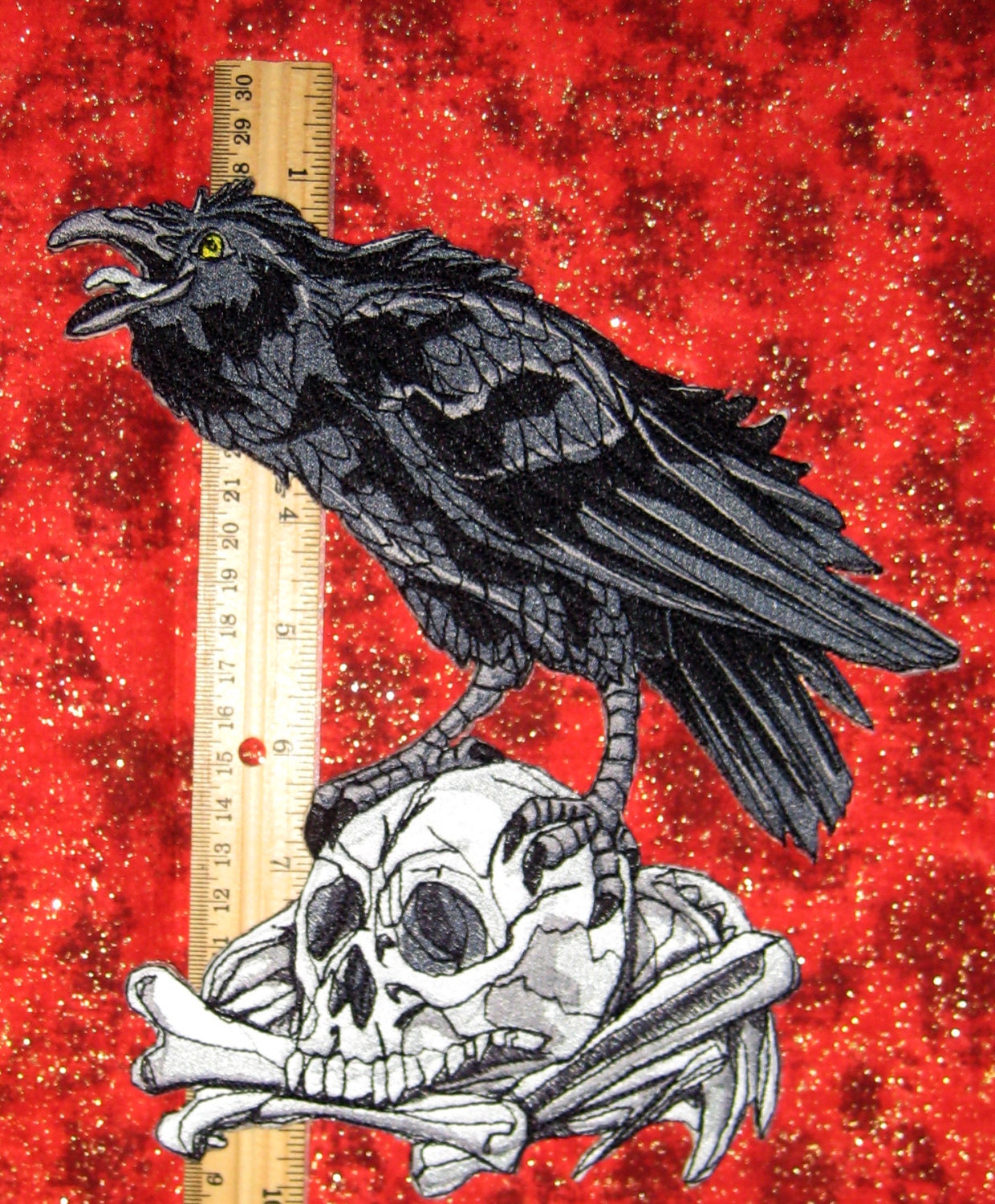 Giant Raven Crow Black Bird on a Skull Iron ON Patch Sew on