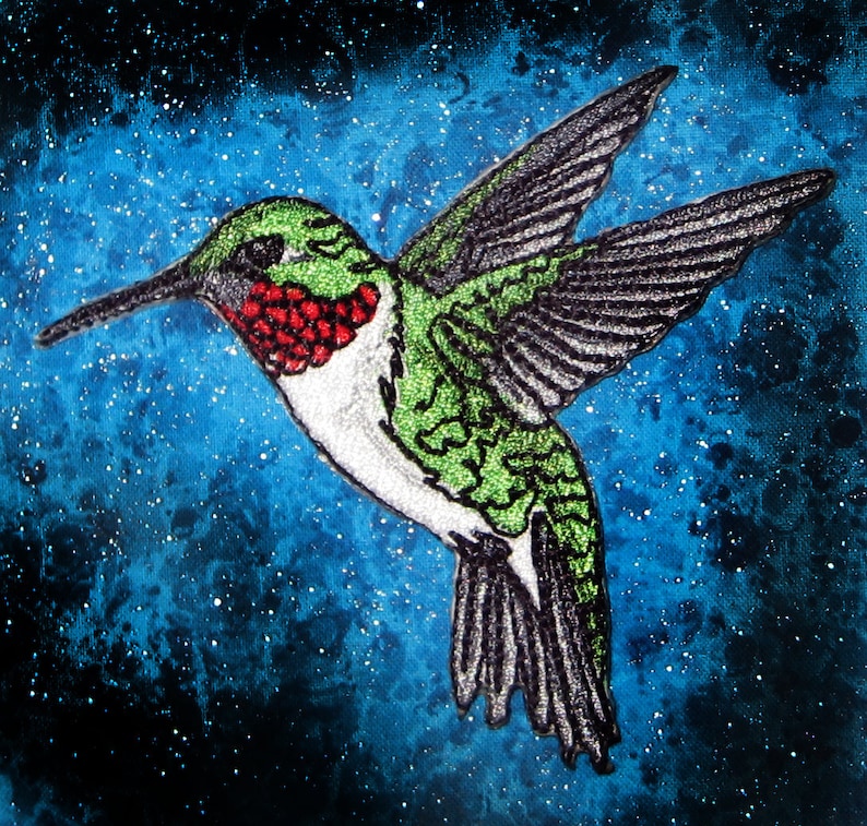 Ruby Throated Hummingbird Bird Iron ON Patch 100% embroidery image 1