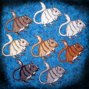 May include: Eight embroidered gerbils in various colors, including white, brown, tan, and gray, are arranged in a circle on a blue background with glitter. The gerbils are all facing forward with their tails curled behind them.