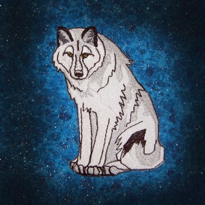 May include: A white wolf with black markings sits against a blue background with white speckles. The wolf has a serious expression and its fur is detailed with shading.
