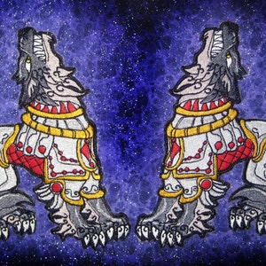 May include: Two embroidered patches of wolves howling at the moon. The wolves are wearing armor and have a red and gold design. The background is a dark blue with white stars.