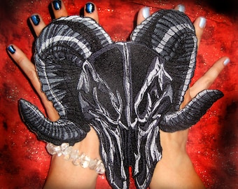 HUGE Black Wicked Ram Skull Patch Iron on Patch or Sew on Pagen Punk Gothic Goth Patch