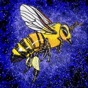May include: A yellow and black embroidered bee with white wings against a blue and white starry background.