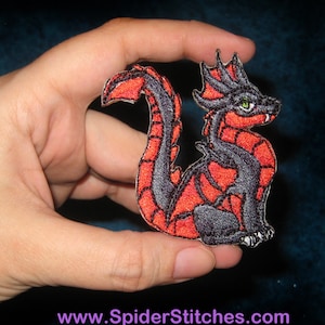 Small Cute Dragon Black and Red Iron on Patch D n D dungeon Master