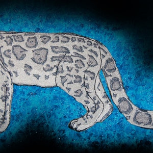 May include: A white snow leopard with black spots is depicted in side profile against a blue background. The leopard is facing left and has a long tail.