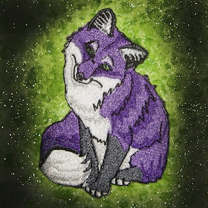 May include: Purple and white embroidered fox sitting on a green background with white speckles.
