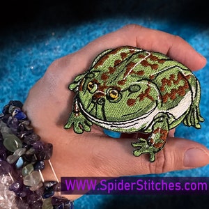 Könnte beinhalten: Gestickter Aufnäher mit einer detaillierten grünen Frosch-Darstellung mit braunen Flecken und gelben Augen. Der Frosch hat eine weiße Umrandung, vor blauem Hintergrund. Die Website-Adresse www.SpiderStitches.com ist sichtbar.