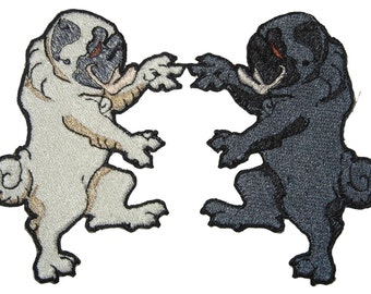 Epic Medieval Renascence Black and Fawn Pug Rampant  Pair  Dog Crest Heraldic Heraldry  Iron on Patch