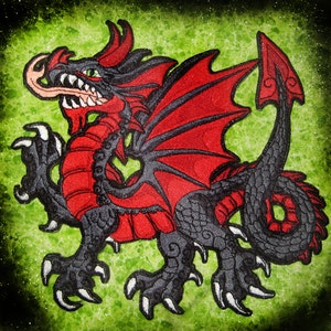 May include: A red and black dragon with wings outstretched, standing on a green background. The dragon has a fierce expression and sharp claws.