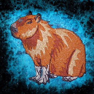 May include: Embroidered brown capybara with a white background. The capybara is sitting on its haunches with its paws visible. The background is a blue and black speckled pattern.