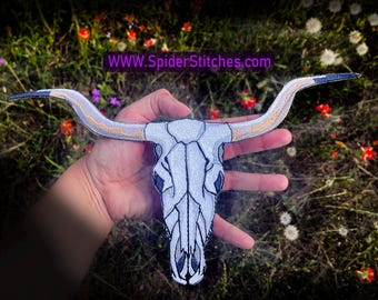 HUGE Cow Bull Longhorn Skull Patch Iron on Patch or Sew on Western Made in Texas