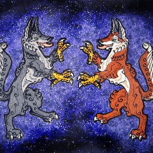May include: Two stylized foxes facing each other on a dark blue background with white stars. The fox on the left is gray with a yellow tail and paws. The fox on the right is orange with a white chest and a yellow tail and paws.