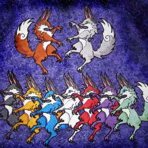 May include: A group of nine foxes with different colored fur are dancing against a dark blue starry background. The foxes are in various poses, with their tails curled up behind them. The foxes are all facing forward, with their eyes closed. The foxes are all wearing a white collar.