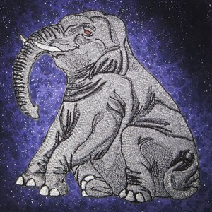 May include: A silver embroidered elephant sitting on a purple and black galaxy-like background.