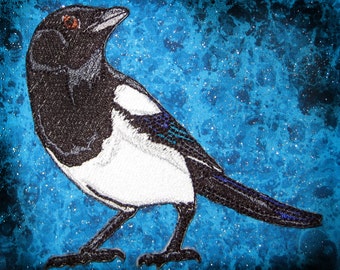 Black Billed Magpie Bird Iron on Patch 100% embroidery