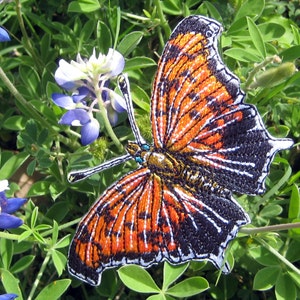 May include: A close-up of an embroidered butterfly patch featuring orange, black and white details. The patch is set against a backdrop of green foliage and blue flowers.