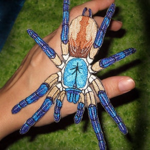 May include: Embroidered spider patch with a detailed design in blue, brown, and tan. The spider has eight legs and a detailed body. The patch is likely for clothing or accessories.