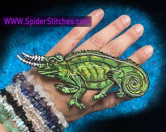 Jacksons Jackson's Chameleon lizard  Iron on Patch Trioceros jacksonii three-horned 3 horn