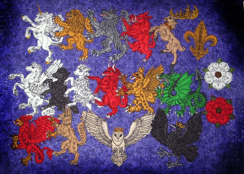 FELT Rampant Unicorn and Lion Heraldic Heraldry Iron on or Sew On Patch Pair medieval renaissance