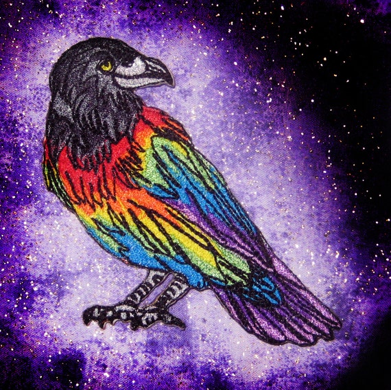 Arc En Ciel Petit Corbeau Corbeau Oiseau Noir Fer Sur Patch