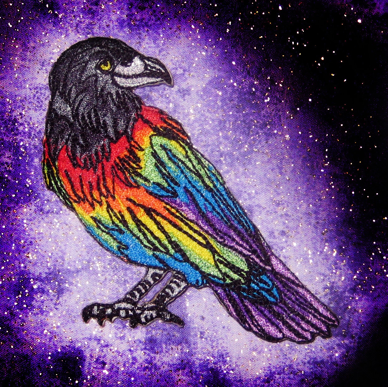 Small Rainbow Crow Raven Black Bird Iron on Patch