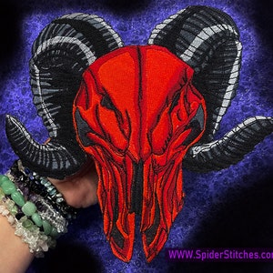HUGE RED Wicked Ram Skull Patch Iron on Patch or Sew on Pagen Punk Gothic Goth Patch