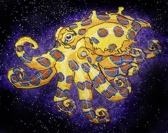 Huge Blue-ringed Octopus Iron on Patch or Sew ON  ready to ship Blue Ring