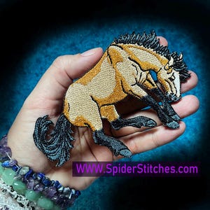 May include: A brown and black embroidered patch of a horse rearing up on its hind legs. The horse has a black mane and tail. The patch is on a hand with a blue background. The text "WWW.SpiderStitches.com" is visible in the bottom right corner of the image.