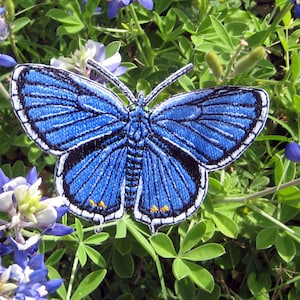 Puede incluir: Un parche de mariposa bordado de color azul con detalles en blanco y negro. El parche está sobre un fondo verde con flores azules.