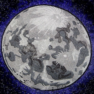 May include: A black and white embroidered image of the moon against a dark blue starry background.